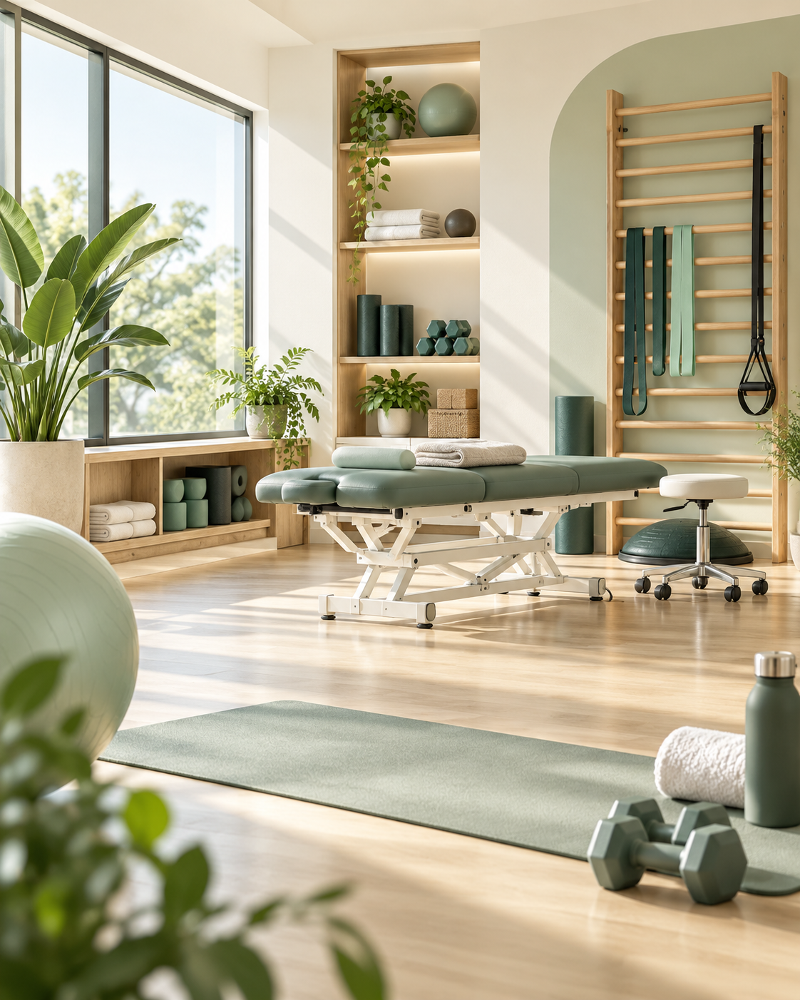 Consulta de psicología cálida con sillones, plantas y luz natural
